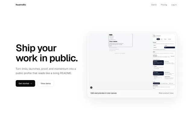 ReadmeBio product homepage introducing living public profiles for builders
